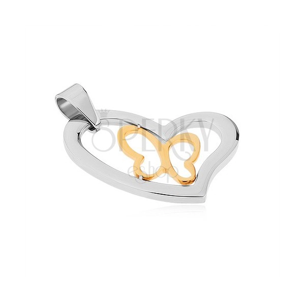 Medál sebészeti acélból, aszimmetrikus szív körvonal, pillangó kontúr arany színben