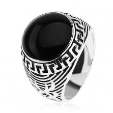 925 ezüst gyűrű, fekete fénymázas kör, görög kulcs minta