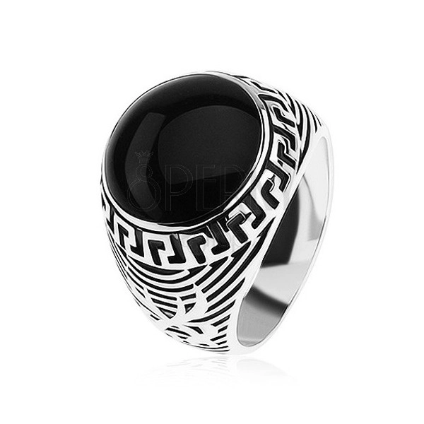 925 ezüst gyűrű, fekete fénymázas kör, görög kulcs minta