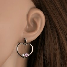 Fülbevaló 925 ezüstből, acélszürke szív körvonal, rózsaszín szív, átlátszó cirkónia