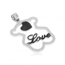 Acél medál - csillogó maci sziluett, fekete szív, "Love" felirat