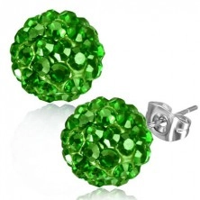 Shamballa fülbevaló acélból, golyó, csillogó zöld cirkóniák, 8 mm