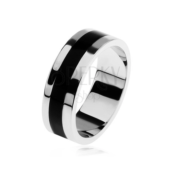 Fényes 925 ezüst gyűrű, fekete fénymázas sáv középen