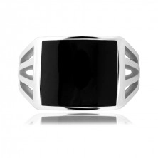 Gyűrű 925 ezüstből - fekete téglalap, dísz kivágások a szárakon