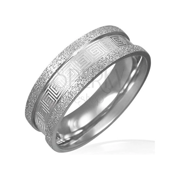 Szemcsés acél gyűrű - görög kulcs ornamentumok