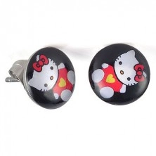 Bedugós fülbevaló acélból, fénymáz, Hello Kitty masni fekete háttéren