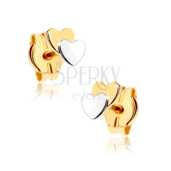 Beszúrós fülbevaló 9K aranyból - két kis szív, kétszínű