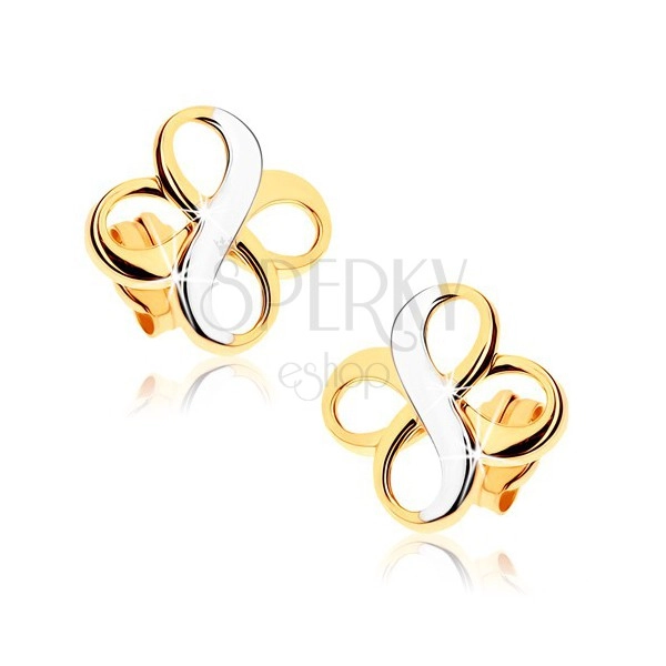Kétszínű fülbevaló 9K aranyból - két "INFINITY" szimbólum, ródiumozott