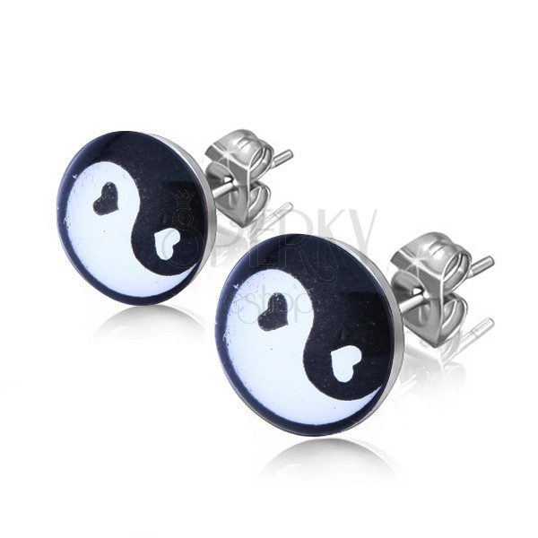 Beszúrós fülbevaló acélból, fekete fehér Jing és Jang szimbólum a karikában