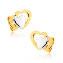 Beszúrós fülbevaló 9K aranyból - kétszínű szabályos szív, ródiumozott
