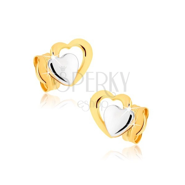 Beszúrós fülbevaló 9K aranyból - kétszínű szabályos szív, ródiumozott