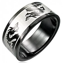 Fekete acél gyűrű - harcoló sárkányok