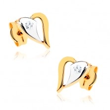 Fülbevaló 9K aranyból - csillogó kétszínű szívkörvonal, átlátszó kő