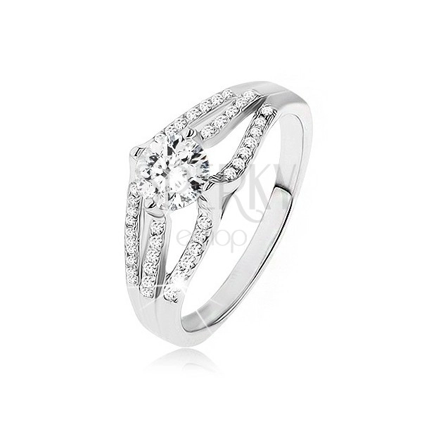 Csillogó gyűrű - 925 ezüst, nagy kerek cirkónia, három sáv átlátszó kövekből