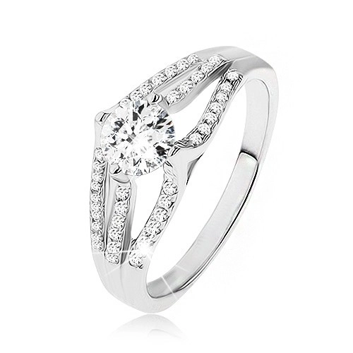 Csillogó gyűrű - 925 ezüst, nagy kerek cirkónia, három sáv átlátszó kövekből - Nagyság: 53