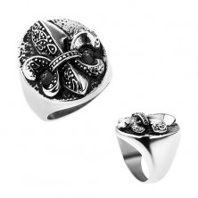 Acél gyűrű, Fleur de Lis oválisban, ezüst szín, patinált