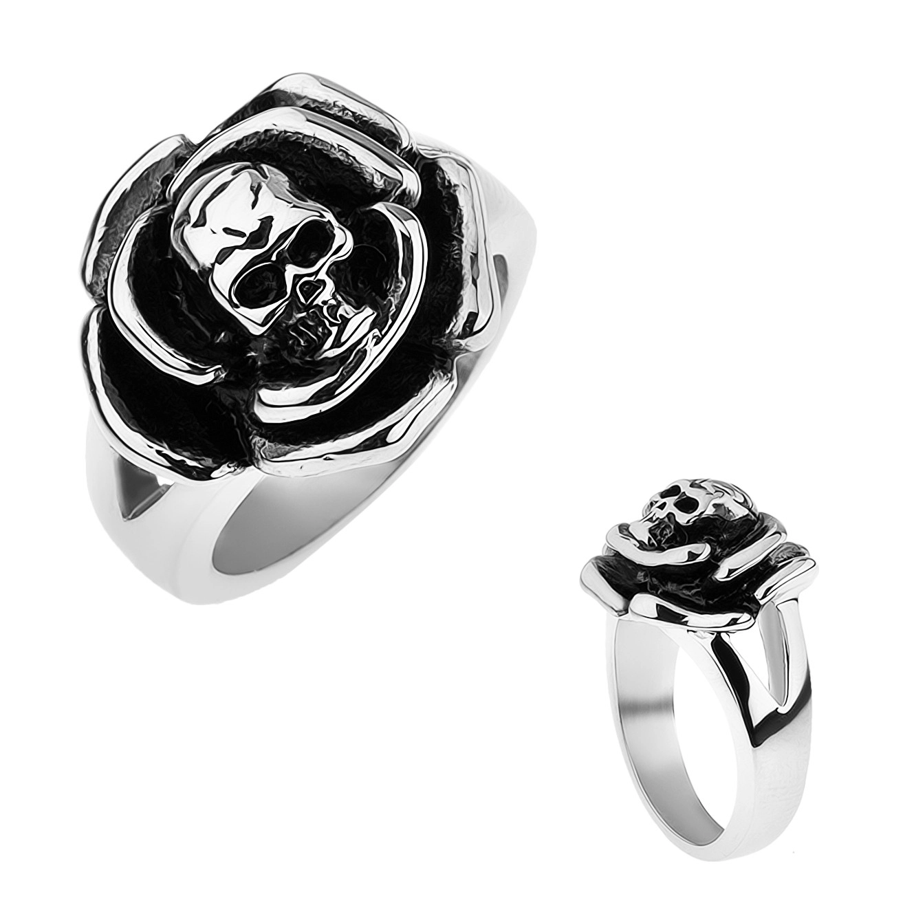 Patináns acél gyűrű, rózsa koponyával középen, kettős szárak - Nagyság: 62