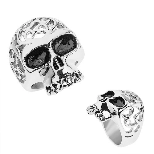 Acél gyűrű ezüst színben, koponya díszített kivágásokkal - Nagyság: 69