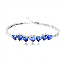 Állítható karkötő 925 ezüstből, kék cirkóniás szívek, cirkóniás szív körvonalak