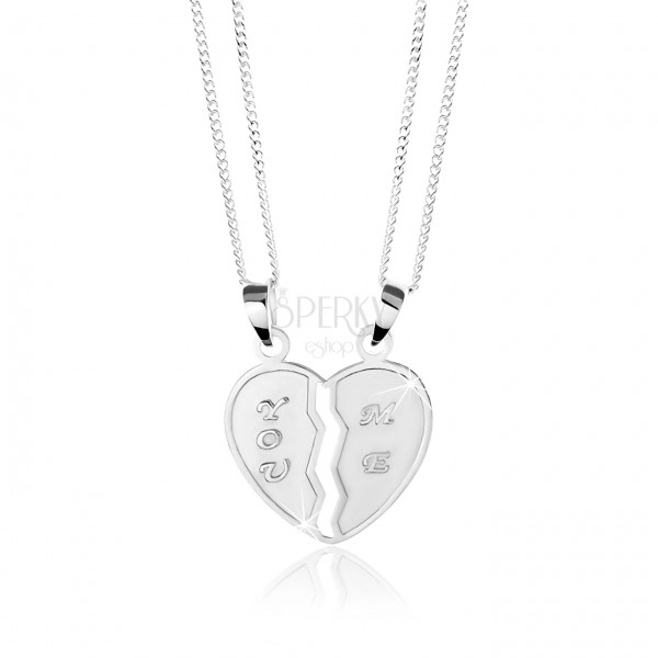 925 ezüst nyakék, kettős medál - kettétört szív, "YOU" és "ME" felirat