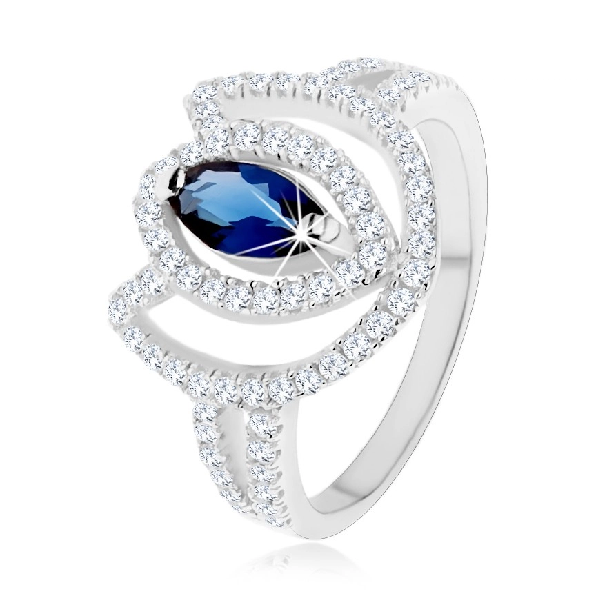 Gyűrű 925 ezüstből, csillogó tulipán körvonal kék cirkóniás szemecskével - Nagyság: 55