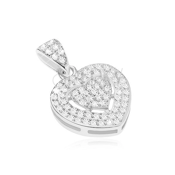 Csillogó medál 925 ezüstből, átlátszó cirkóniás szív, szív alakú bevágás