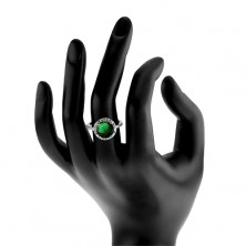 Gyűrű 925 ezüstből, kerek smaragdzöld cirkónia, tiszta cirkónia kerület