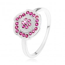 Ezüst 925 gyűrű, gravírozott virág rózsaszín cirkóniákkal díszítve
