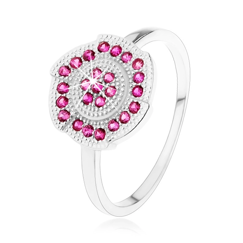Ezüst 925 gyűrű, gravírozott virág rózsaszín cirkóniákkal díszítve - Nagyság: 55