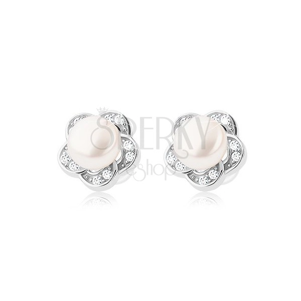 Bedugós fülbevaló 925 ezüstből, tiszta cirkónia virág és fehér gyöngy
