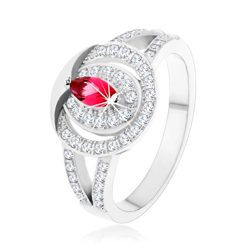925 ezüst gyűrű, átlátszó cirkóniás karika rózsaszín cirkóniával - Nagyság: 53