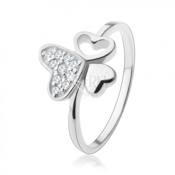 925 ezüst gyűrű, három különböző szív, átlátszó cirkóniák