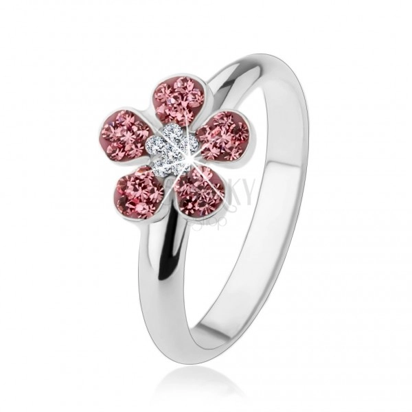 Gyűrű 925 ezüstből, élénk virág rózsaszín és átlátszó cirkóniákkal kirakva