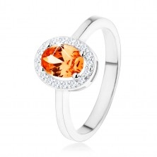 925 ezüst gyűrű, narancs színű ovális cirkónia, átlátszó csillogó keret