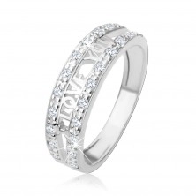 925 ezüst gyűrű - "I LOVE YOU" felirat, átlátszó cirkóniákból álló sávok 