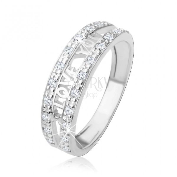 925 ezüst gyűrű - "I LOVE YOU" felirat, átlátszó cirkóniákból álló sávok 