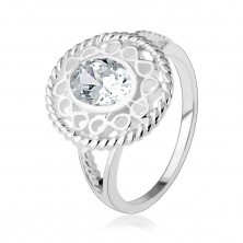 925 ezüst gyűrű, szélesebb kontúr "infinity" szimbólumokkal, ovális átlátszó cirkónia