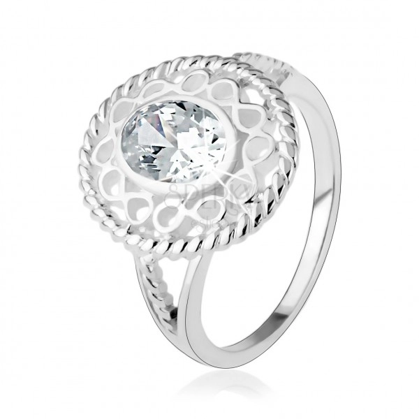925 ezüst gyűrű, szélesebb kontúr "infinity" szimbólumokkal, ovális átlátszó cirkónia