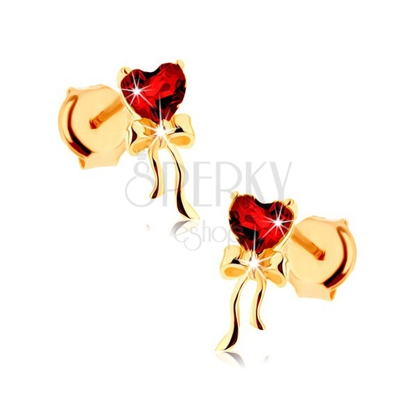 Fülbevaló 9K sárga aranyból - piros gránát szív, fényes masni