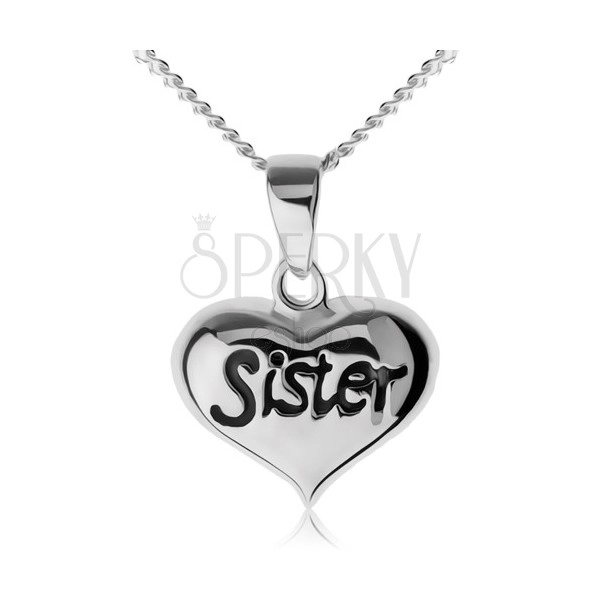 Állítható nyakék, szívecske "Sister" felirattal, 925 ezüst