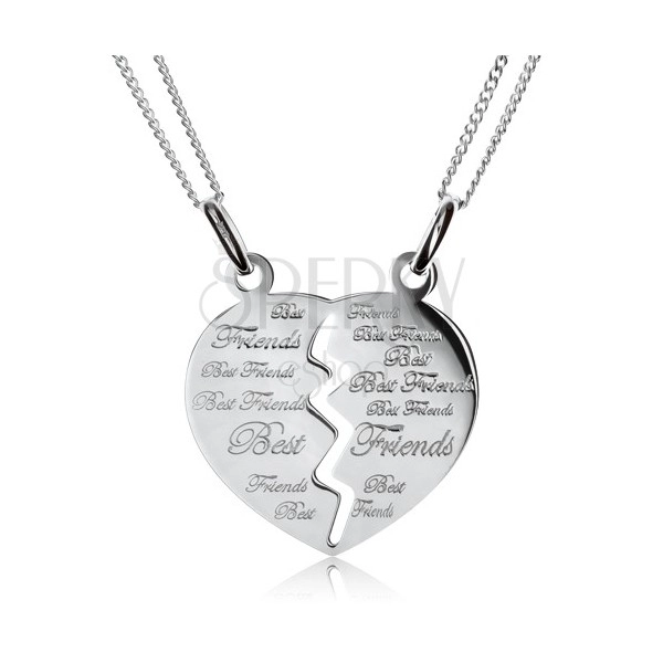 Két lánc kettős medállal - félbevágott szív "Best Friends", 925 ezüst