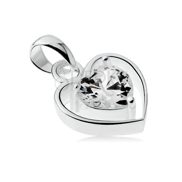Medál 925 ezüstből, vékony szív körvonal, átlátszó cirkóniás szívecske