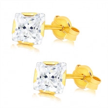 Fülbevaló 9K sárga aranyból - csillogó, átlátszó, cirkóniás négyzetek 