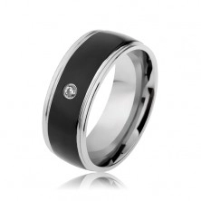 Gyűrű 316L acélból, ezüst és fekete színű sáv, átlátszó cirkónia