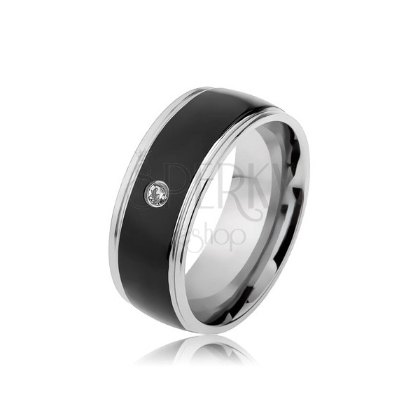 Gyűrű 316L acélból, ezüst és fekete színű sáv, átlátszó cirkónia