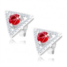 925 ezüst fülbevaló, háromszög kontúr - átlátszó cirkóniák, kerek piros kő