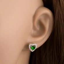 925 ezüst fülbevaló, kerek zöld cirkónia csillogó szív körvonalban, kivágások