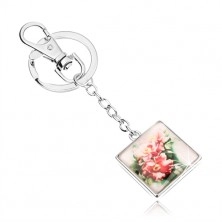 Kaboson kulcstartó - négyzet kidomborodó üveggel, kinyílt rózsaszín virágok