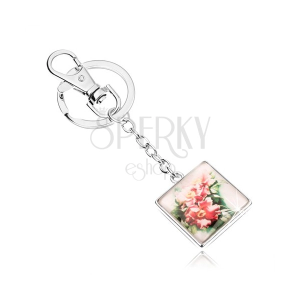 Kaboson kulcstartó - négyzet kidomborodó üveggel, kinyílt rózsaszín virágok