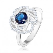 925 ezüst gyűrű, csillogó virág körvonal, kék kerek cirkónia
